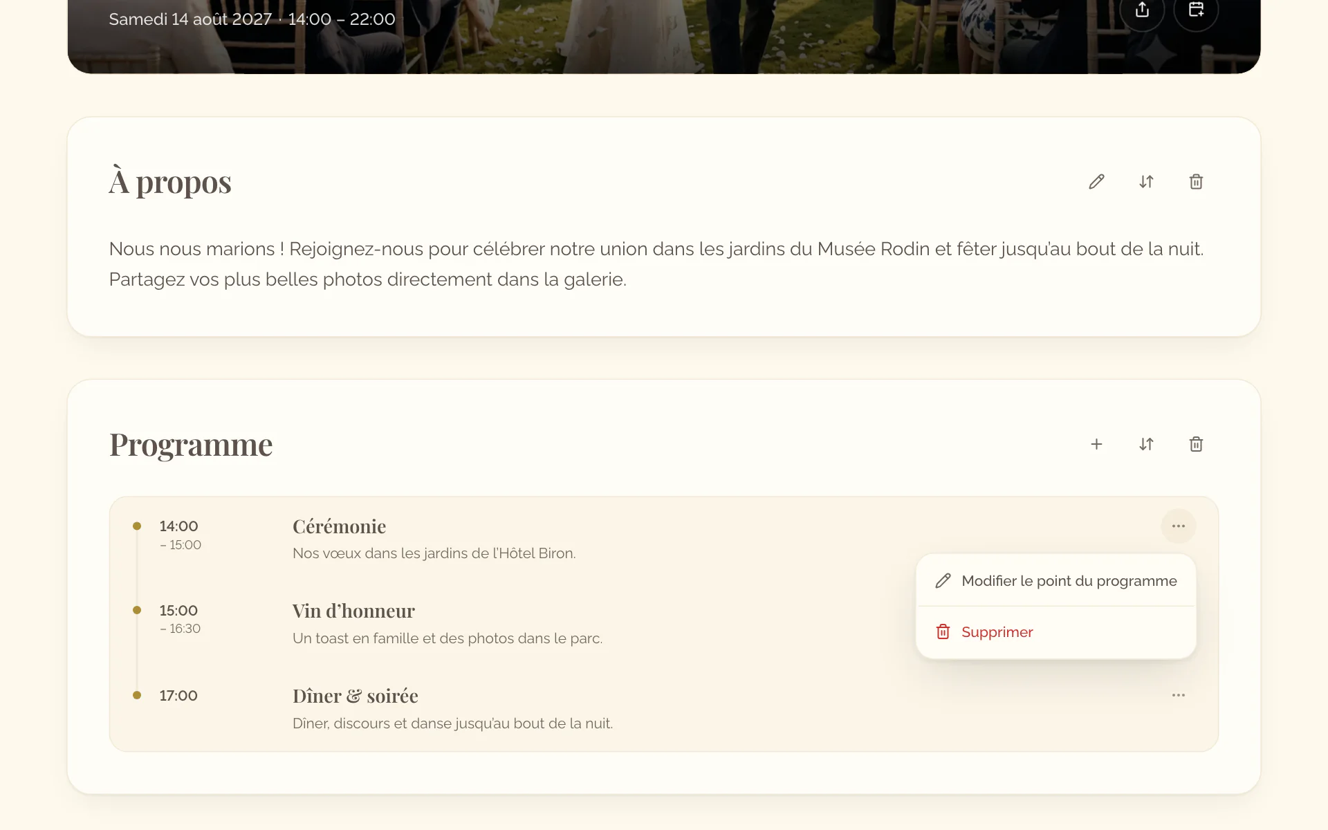 Le menu d’un point du programme avec les entrées pour modifier et supprimer