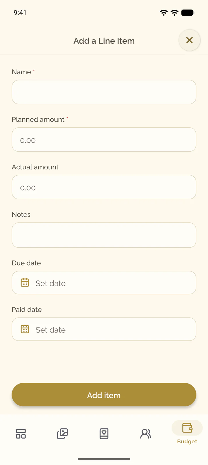 The Add a Line Item screen with the name, the amounts, the notes and the dates