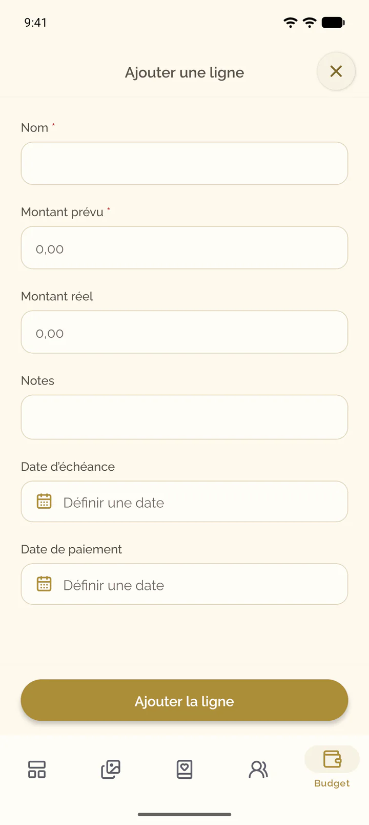 L’écran d’ajout d’une ligne avec le nom, les montants, les notes et les dates