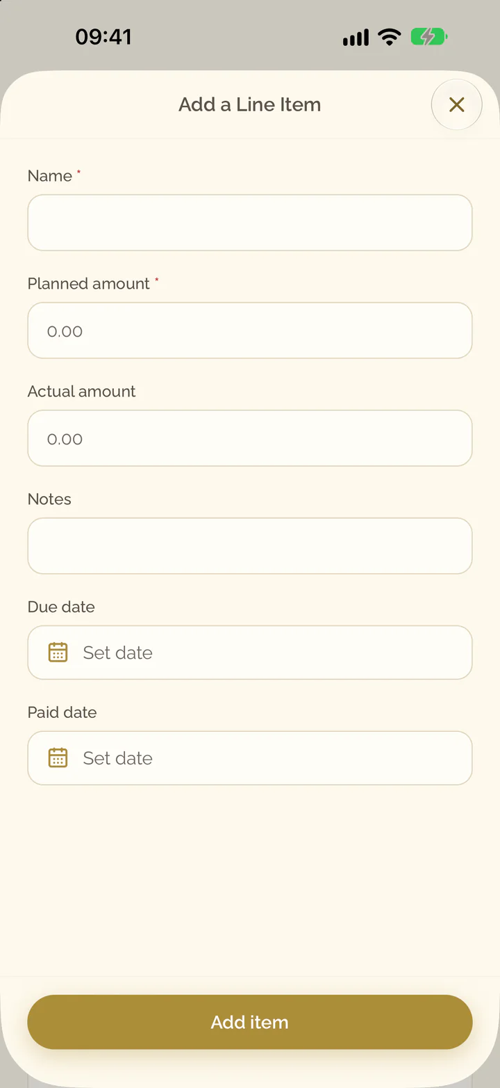 The Add a Line Item screen with the name, the amounts, the notes and the dates