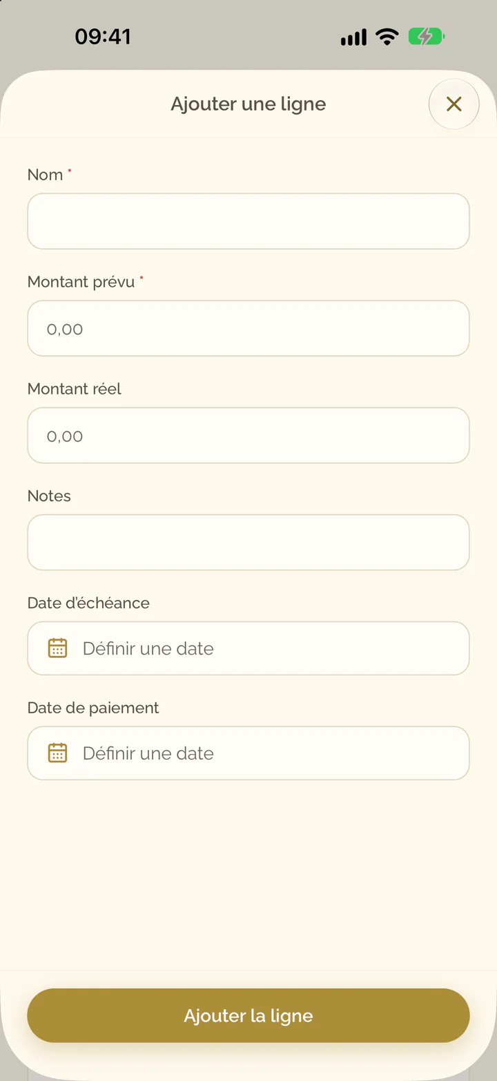 L’écran d’ajout d’une ligne avec le nom, les montants, les notes et les dates