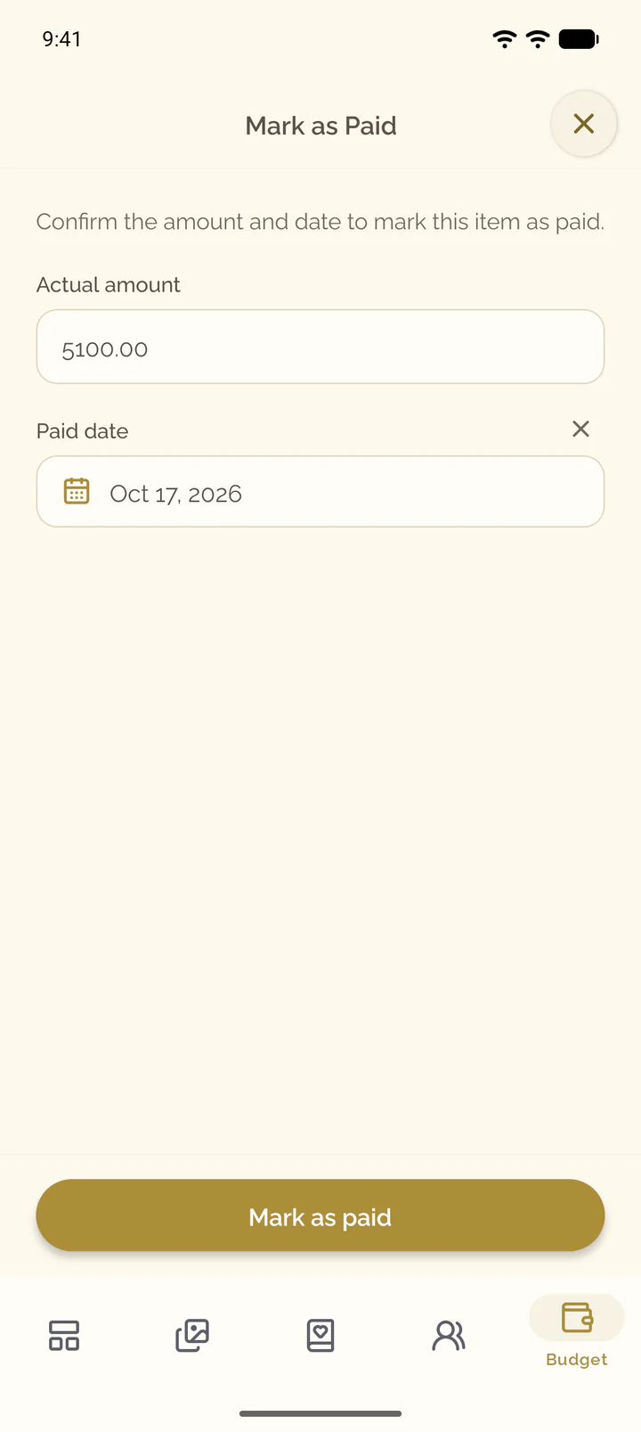 The Mark as Paid screen with the actual amount and the paid date