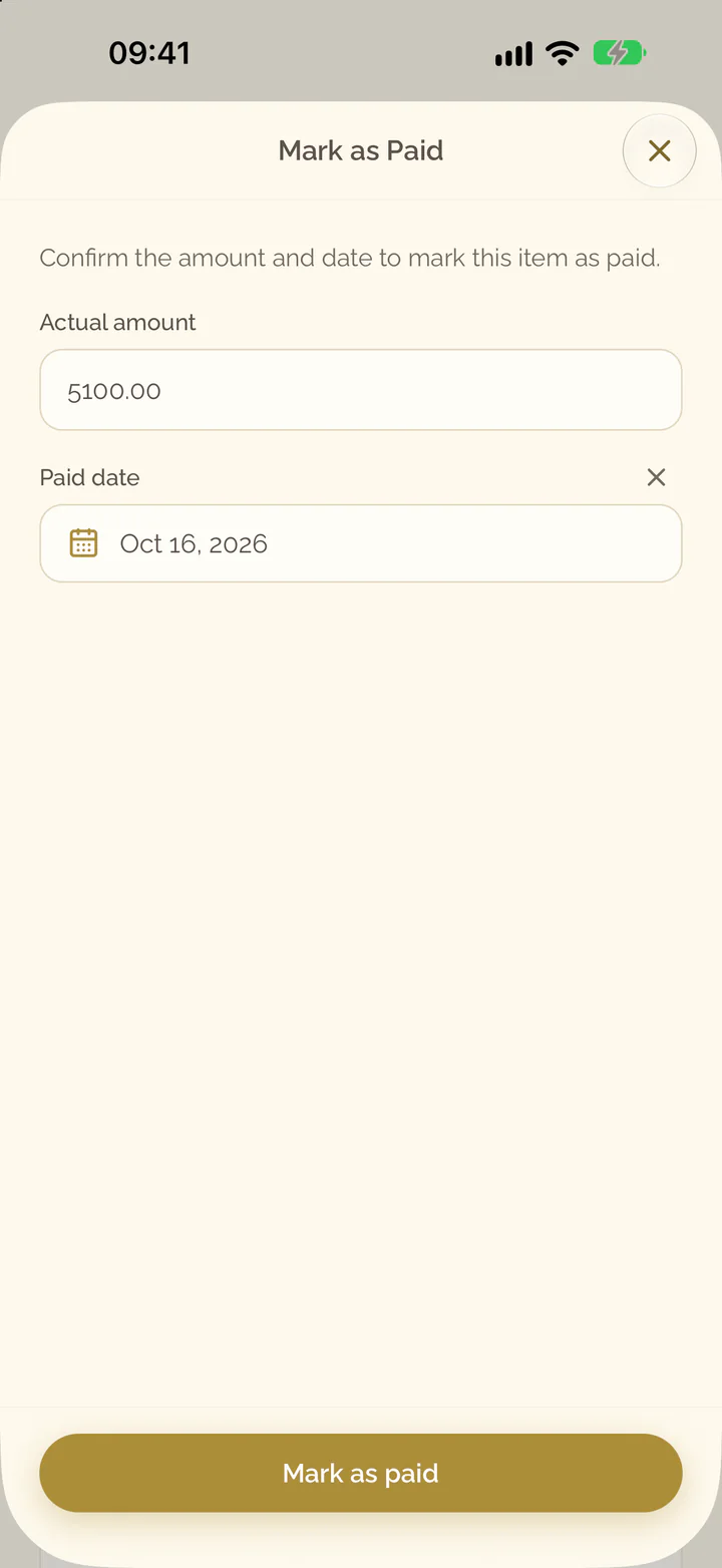 The Mark as Paid screen with the actual amount and the paid date