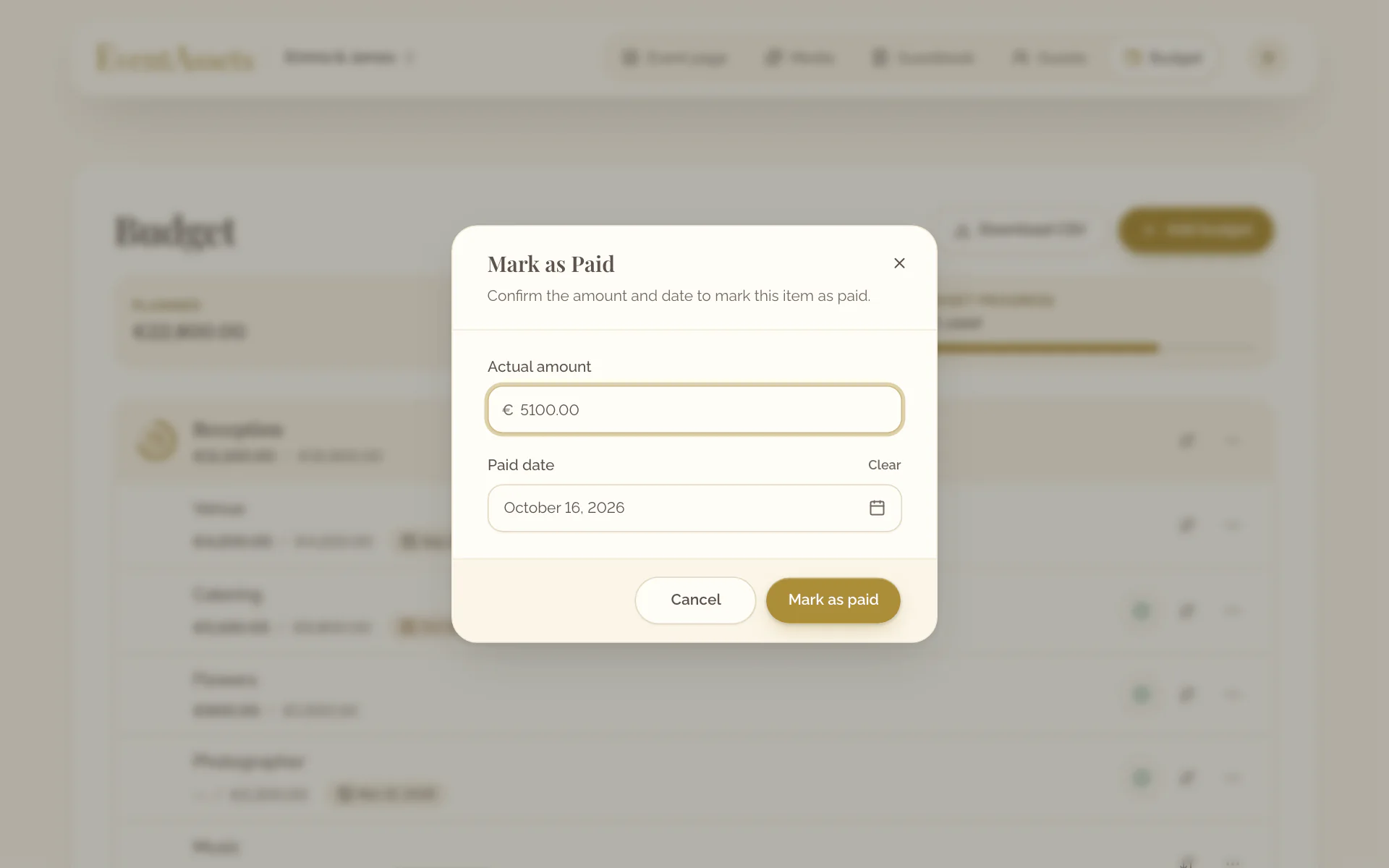 The Mark as Paid dialog with the actual amount and the paid date