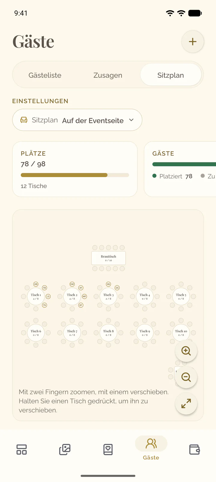 Die Ansicht Sitzplan mit dem Plan der Tische