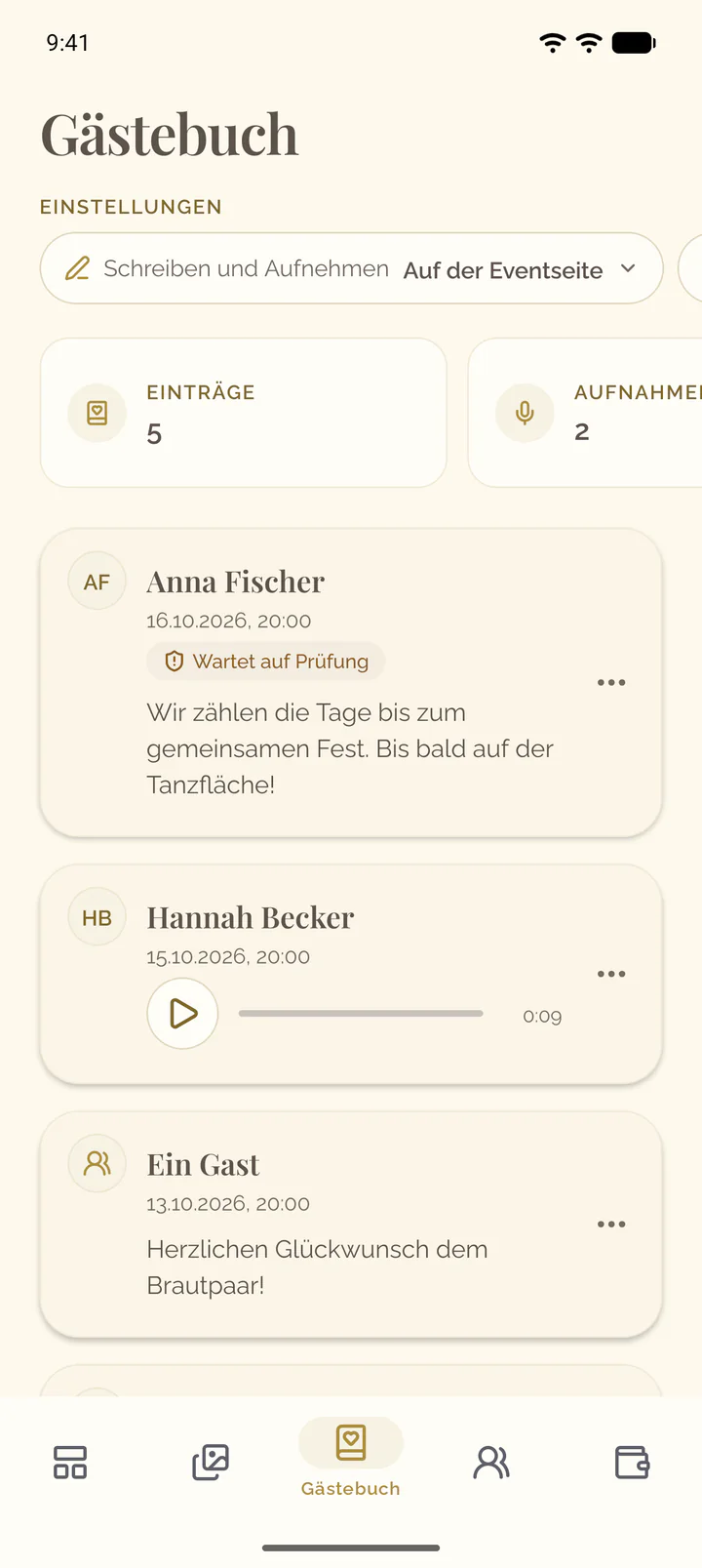 Der Tab Gästebuch der App mit der Zeile seiner Einstellungen, seinen Kacheln und den Einträgen