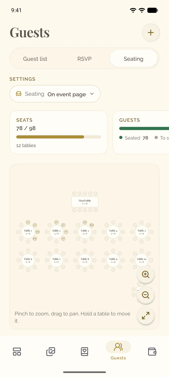 The Seating view with the chart of the tables