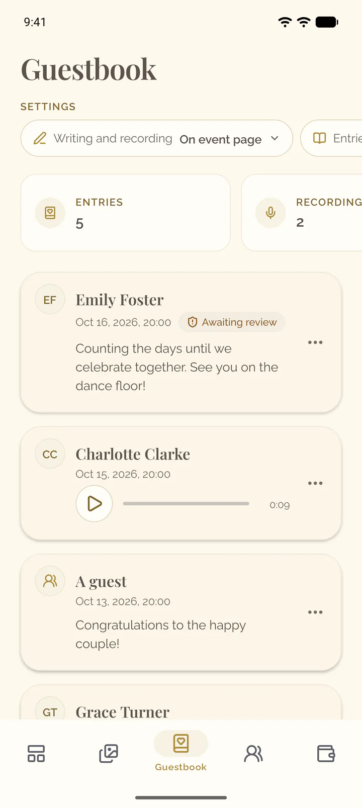 The Guestbook tab of the app with the row of its settings, its tiles and the entries
