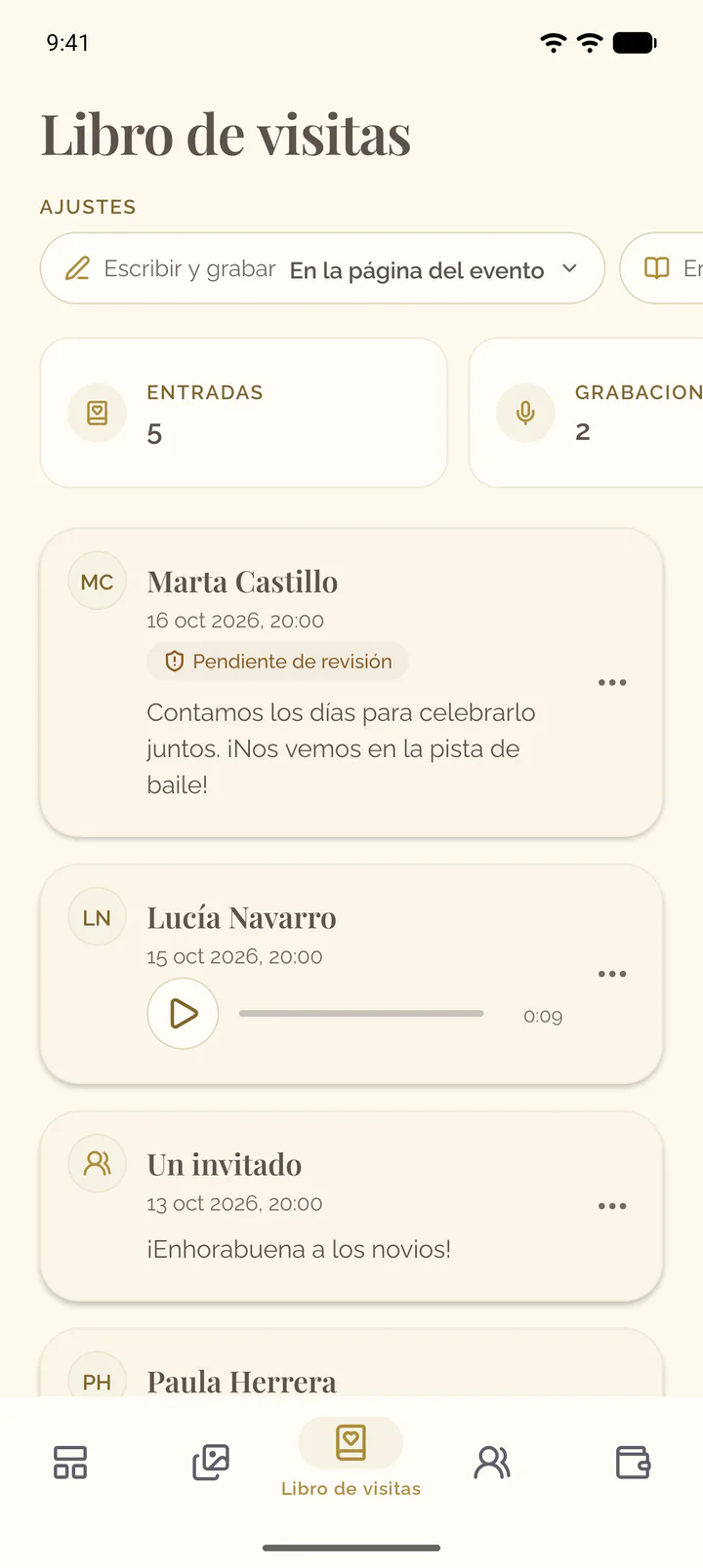 La pestaña Libro de visitas de la app con la fila de sus ajustes, sus recuadros y las entradas