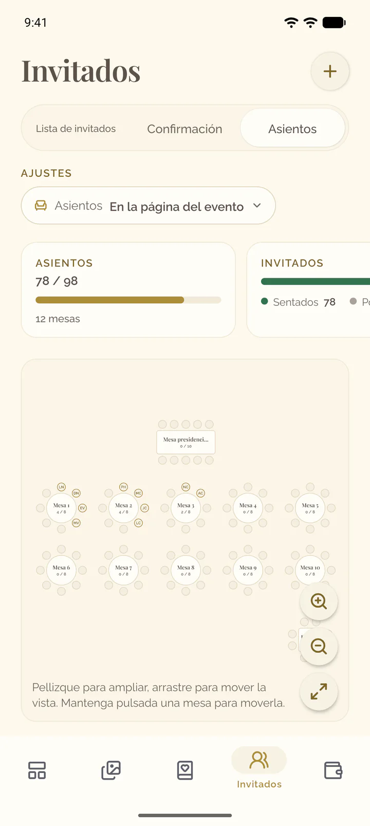 La vista Asientos con el plano de las mesas
