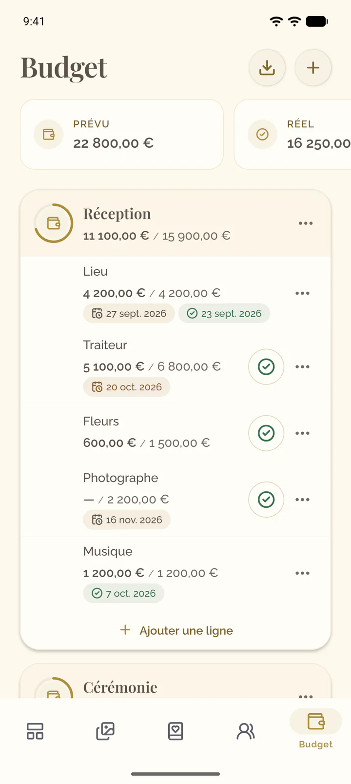 L’onglet Budget avec ses tuiles au-dessus des budgets