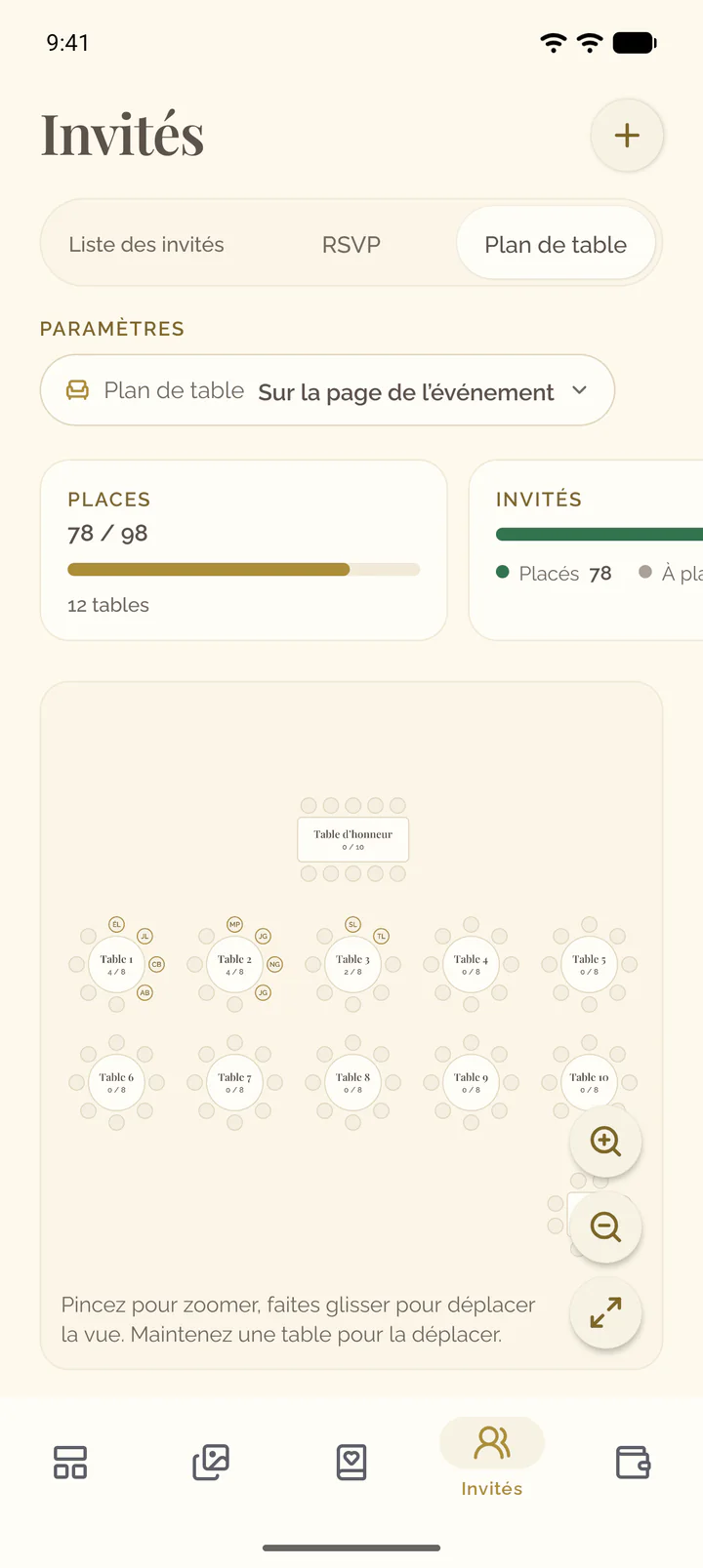 La vue Plan de table avec le plan des tables