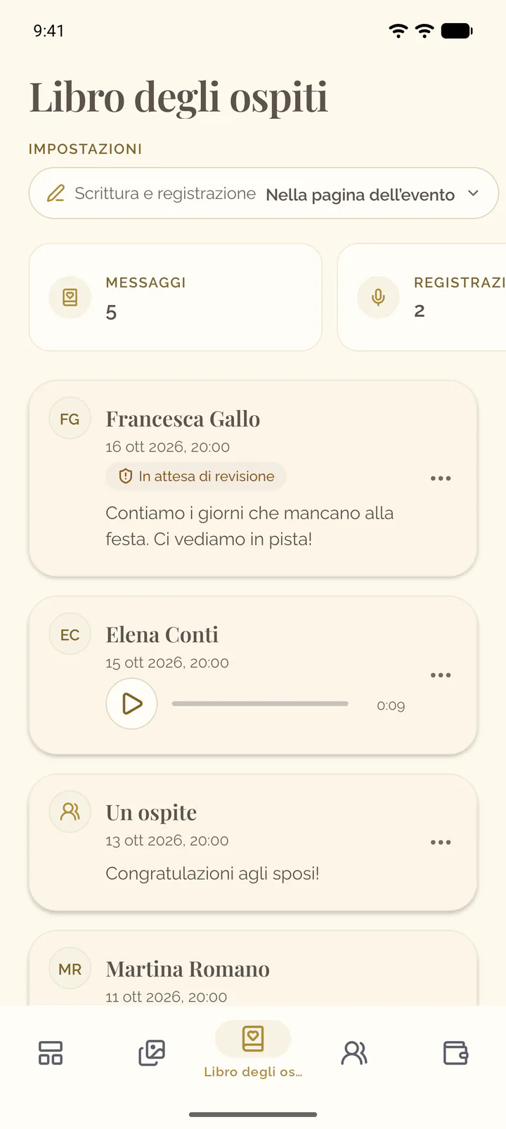 La scheda Libro degli ospiti dell’app con la riga delle sue impostazioni, i suoi riquadri e i messaggi