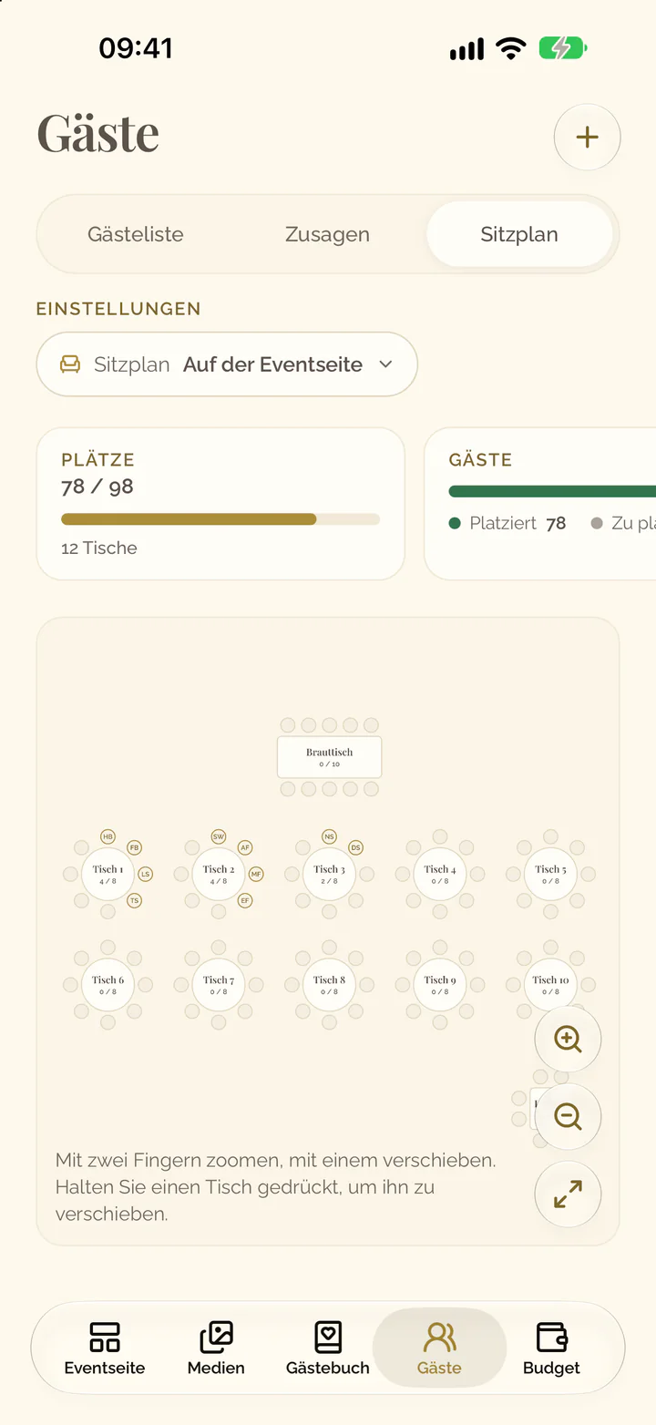 Die Ansicht Sitzplan mit dem Plan der Tische