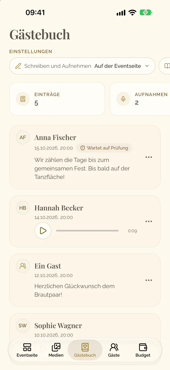 Der Tab Gästebuch der App mit der Zeile seiner Einstellungen, seinen Kacheln und den Einträgen