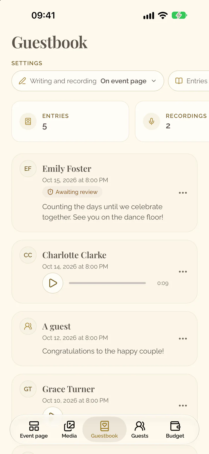 The Guestbook tab of the app with the row of its settings, its tiles and the entries