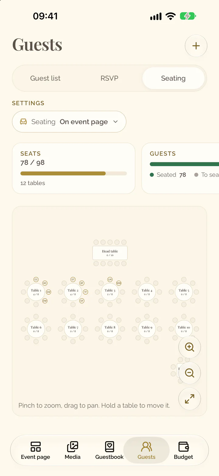 The Seating view with the chart of the tables