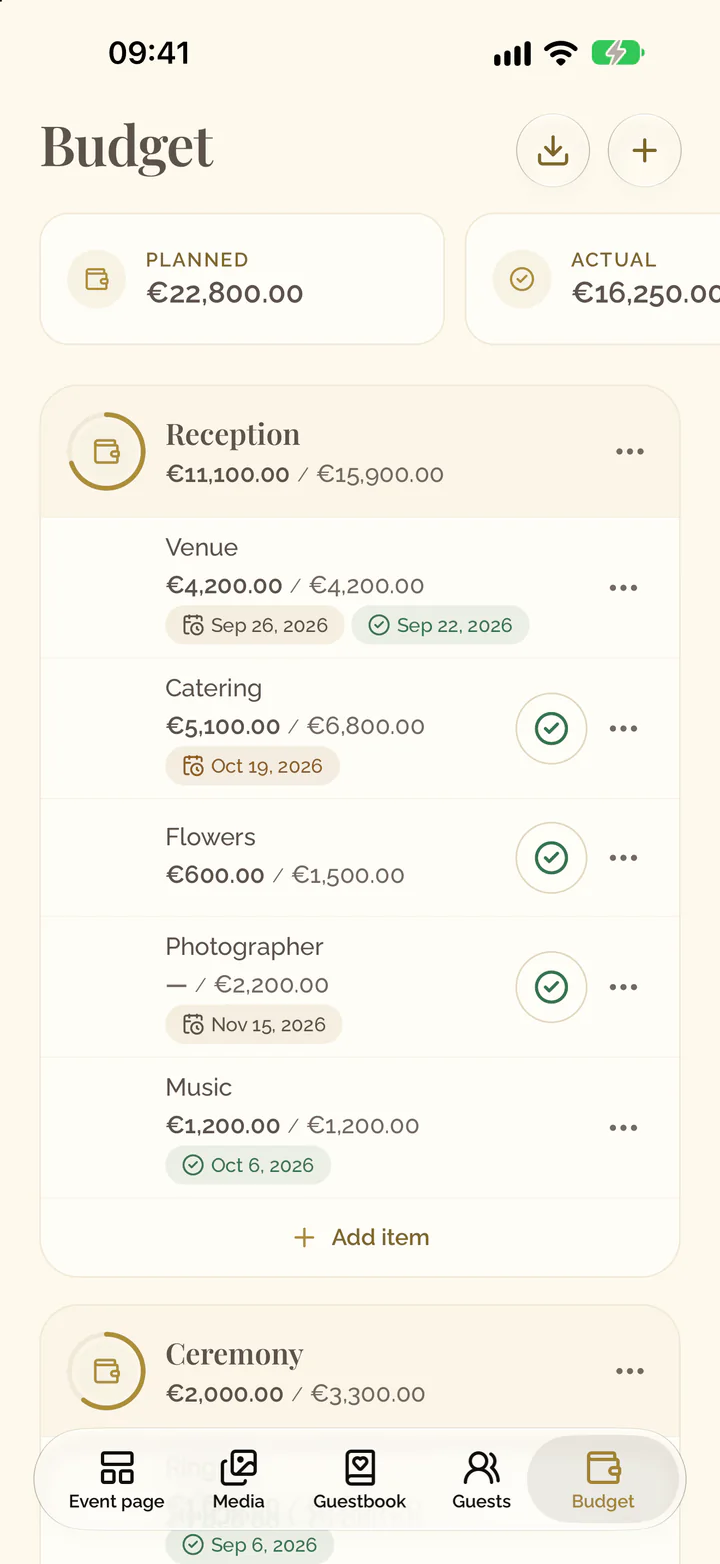 The Budget tab with its tiles above the budgets