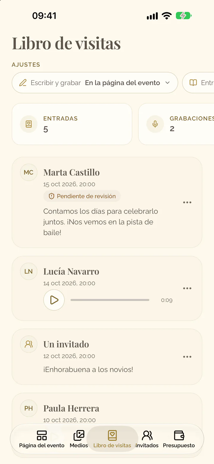La pestaña Libro de visitas de la app con la fila de sus ajustes, sus recuadros y las entradas