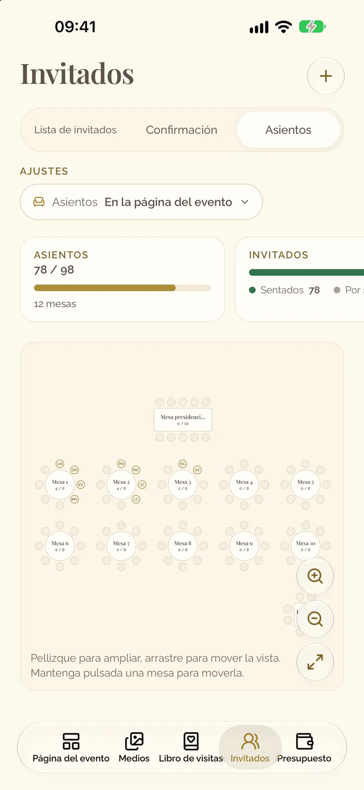 La vista Asientos con el plano de las mesas