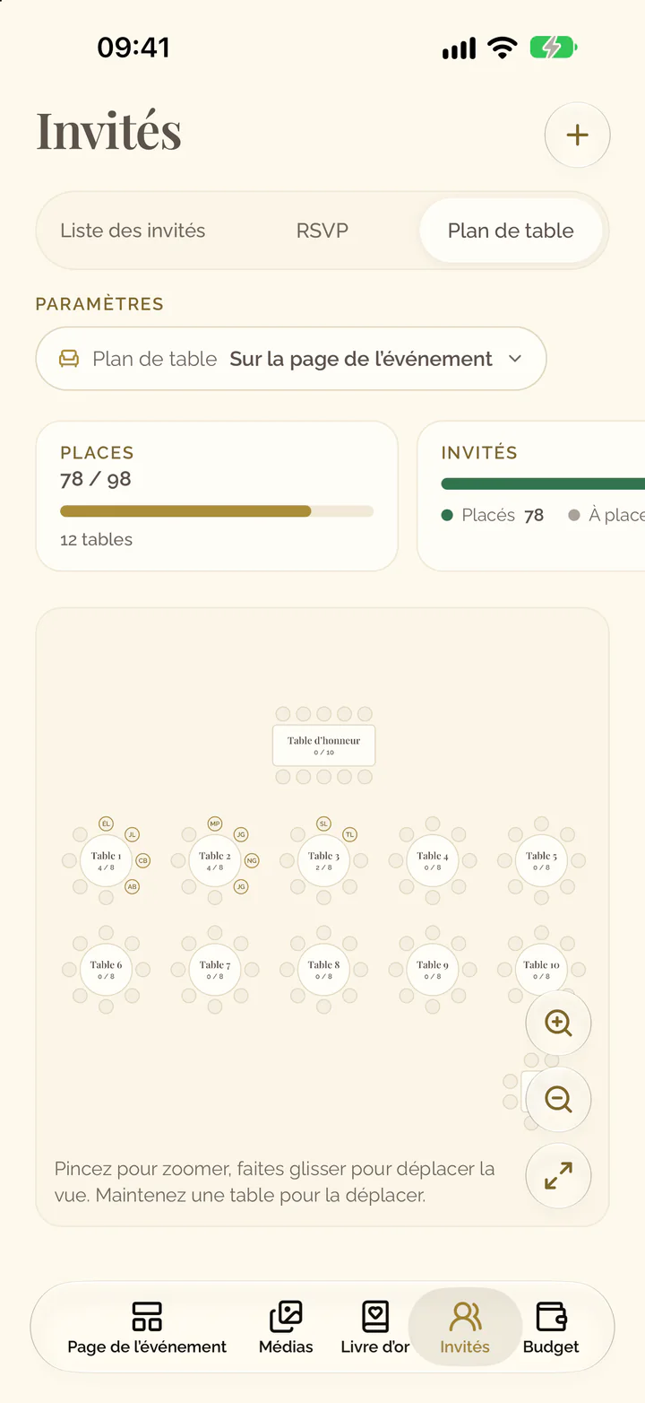 La vue Plan de table avec le plan des tables