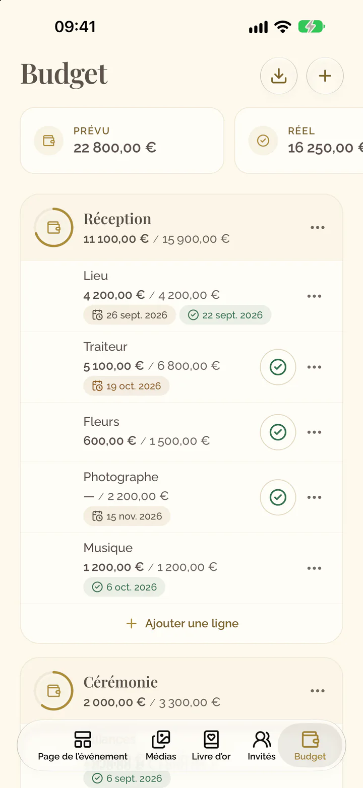 L’onglet Budget avec ses tuiles au-dessus des budgets
