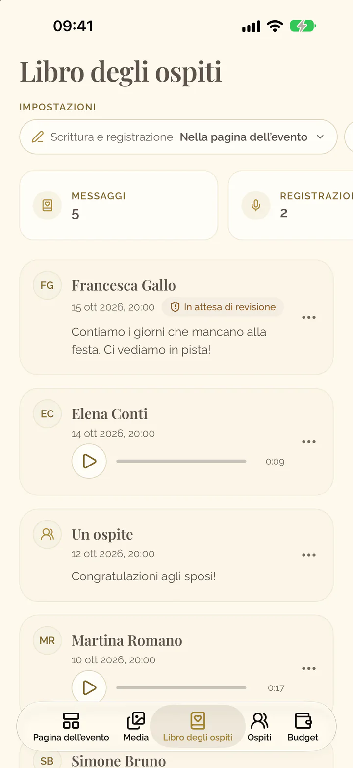 La scheda Libro degli ospiti dell’app con la riga delle sue impostazioni, i suoi riquadri e i messaggi