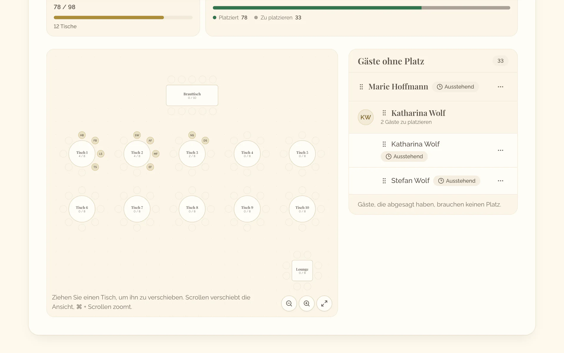 Die Ansicht Sitzplan: der Plan der Tische mit seinen Zoom-Schaltflächen und daneben die Gäste ohne Platz