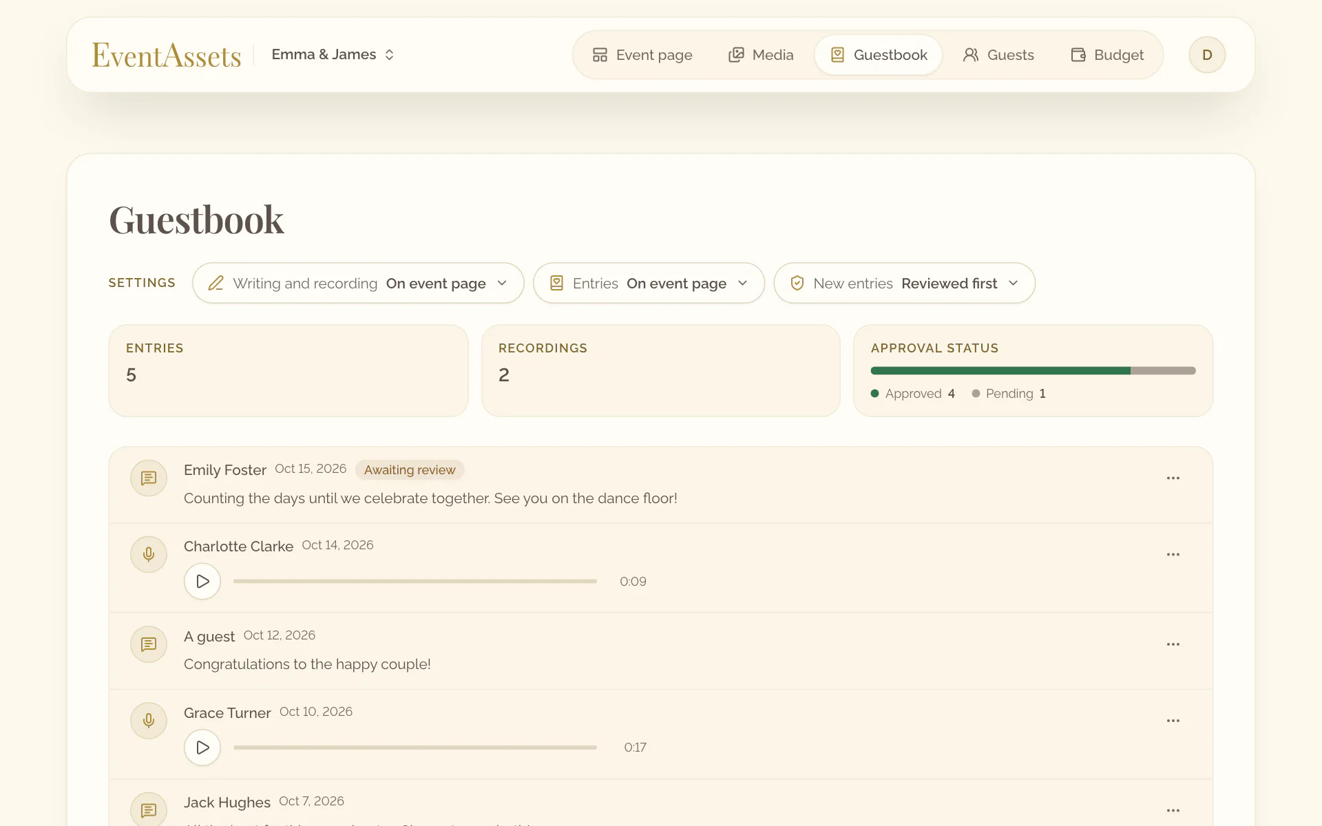 The Guestbook tab with its settings, its tiles and the entries, one of them a voice message