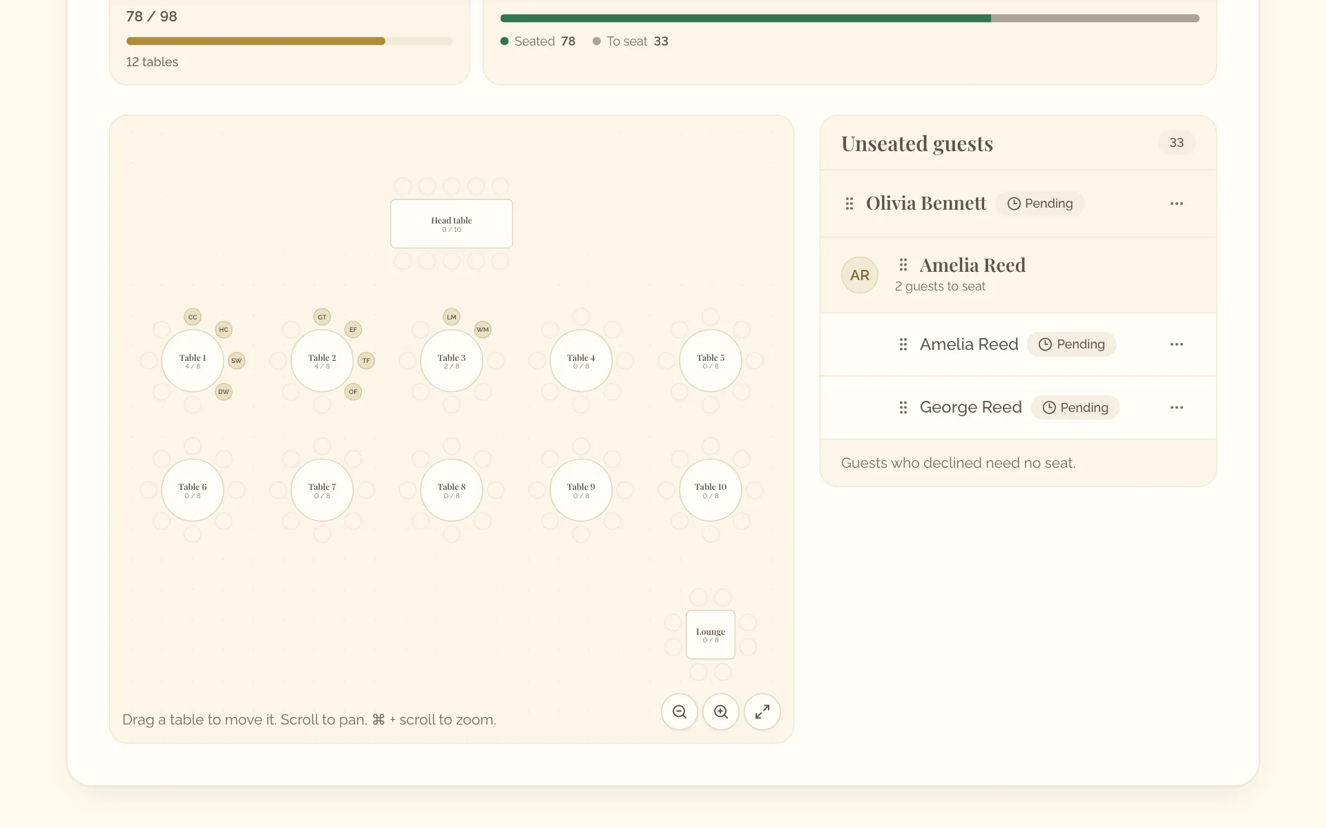 The Seating view: the chart of the tables with its zoom buttons, and the unseated guests beside it