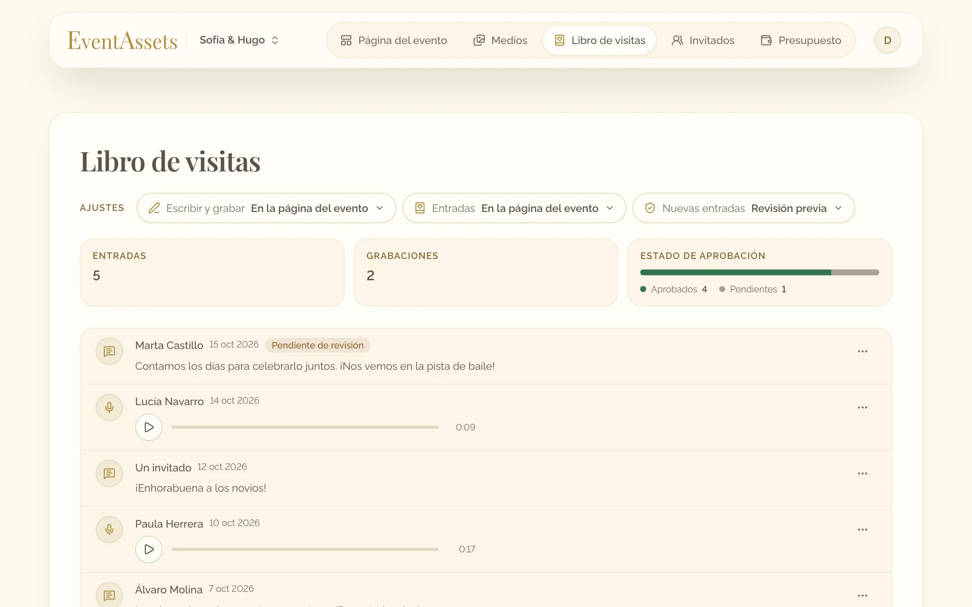 La pestaña Libro de visitas con sus ajustes, sus recuadros y las entradas, una de ellas un mensaje de voz