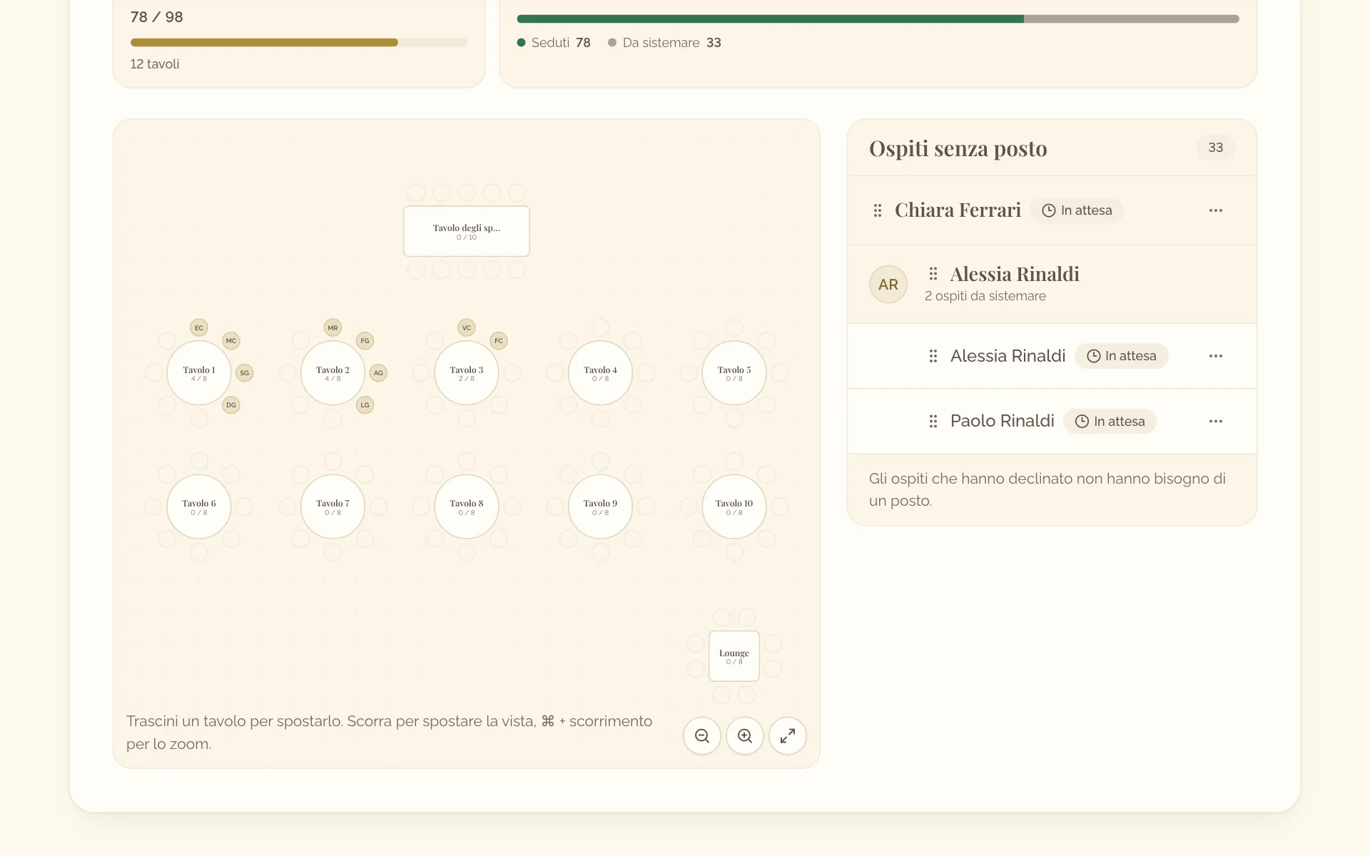 La vista Posti: la mappa dei tavoli con i pulsanti di zoom e, accanto, gli ospiti senza posto