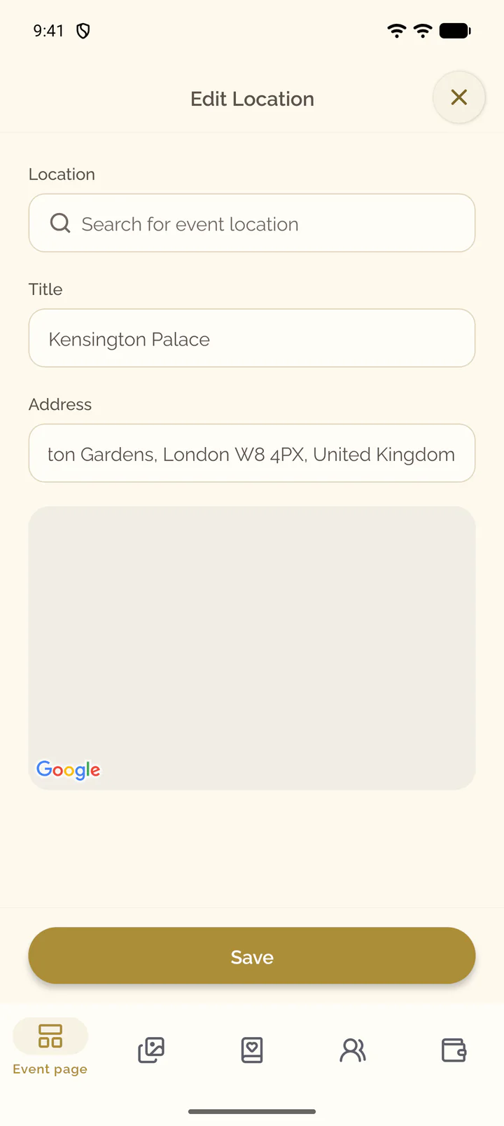 The Edit Location screen with the search field, the title and the address