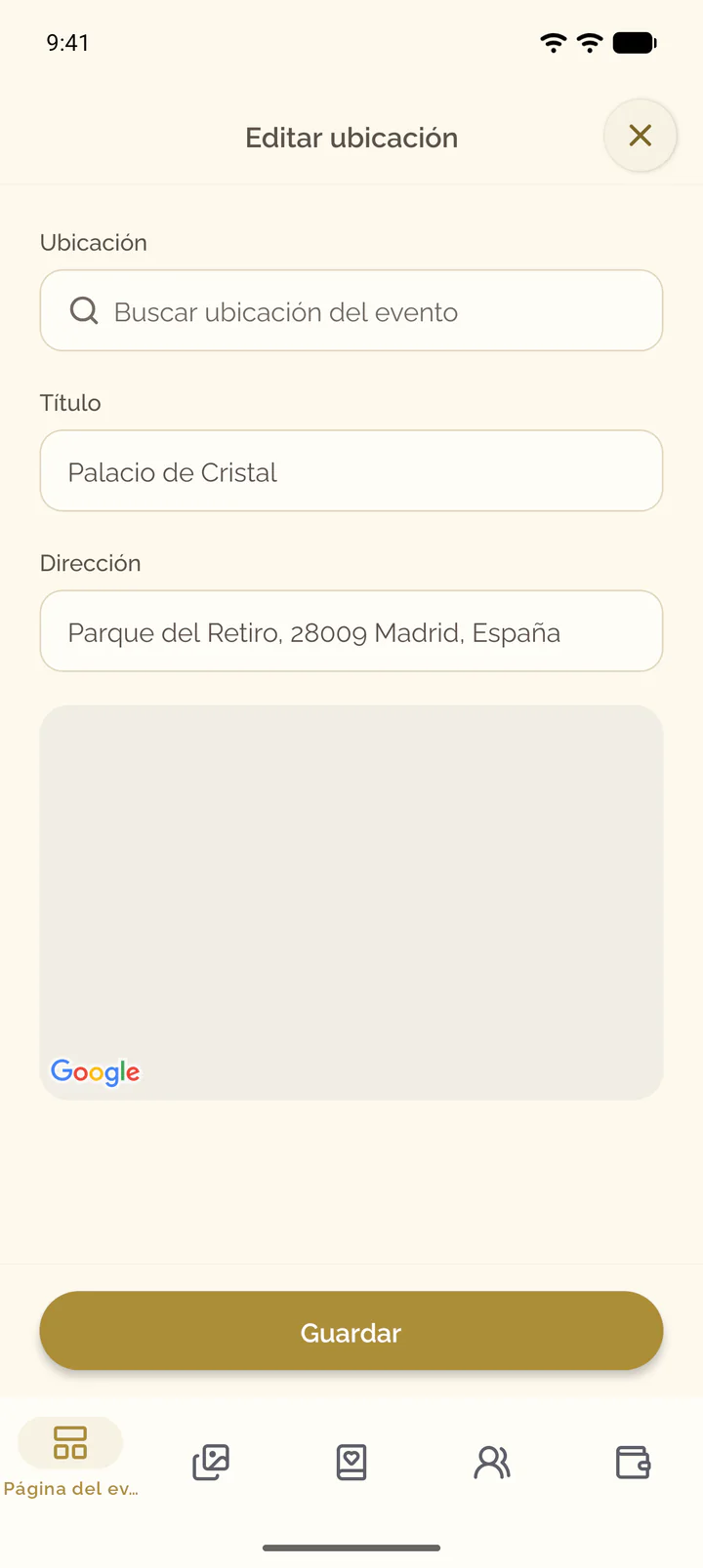 La pantalla Editar ubicación con el campo de búsqueda, el título y la dirección