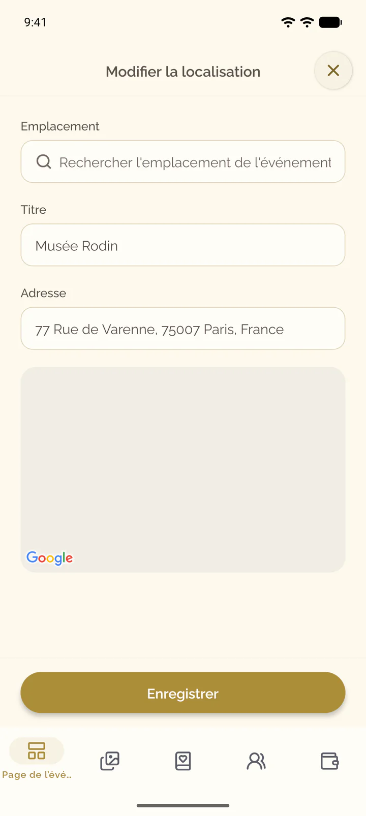 L’écran Modifier la localisation avec le champ de recherche, le titre et l’adresse