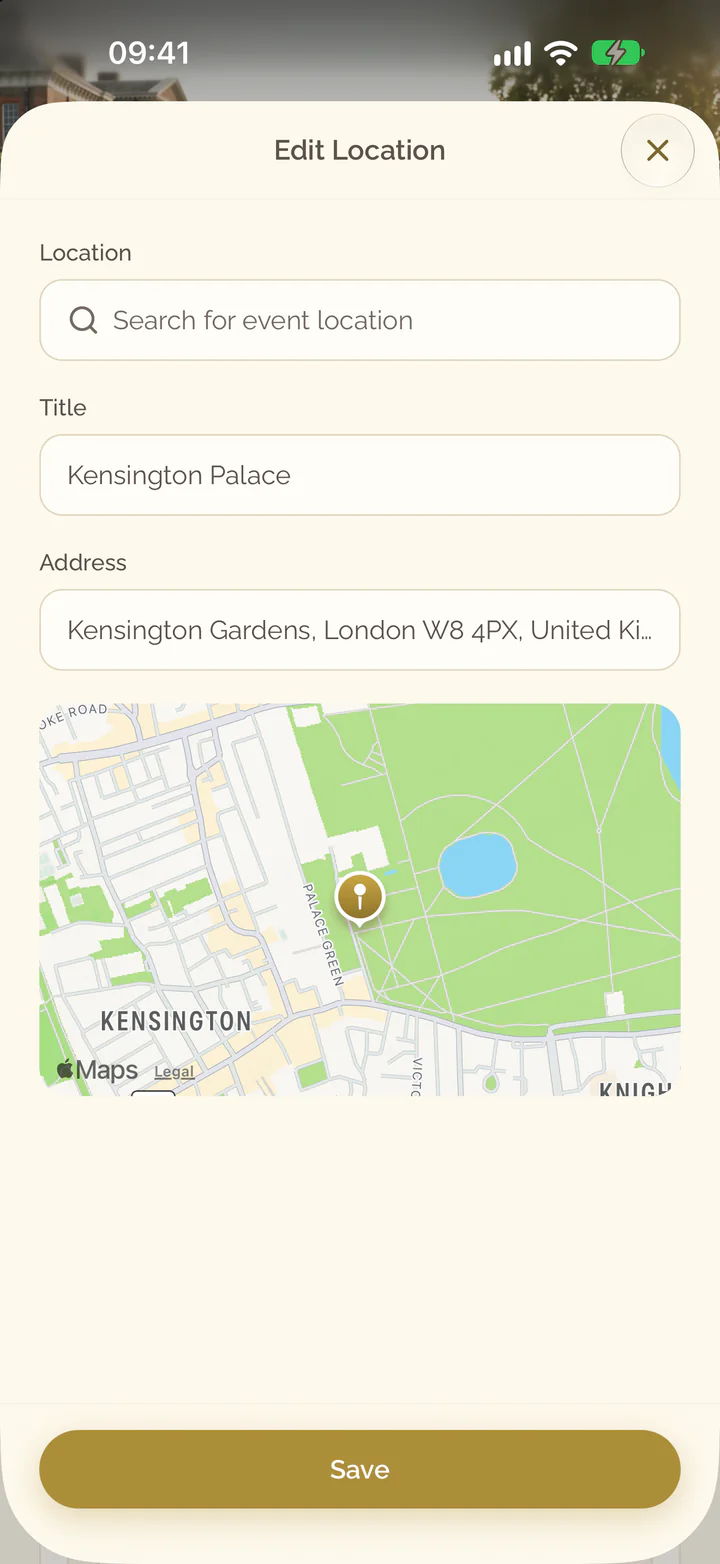 The Edit Location screen with the search field, the title and the address