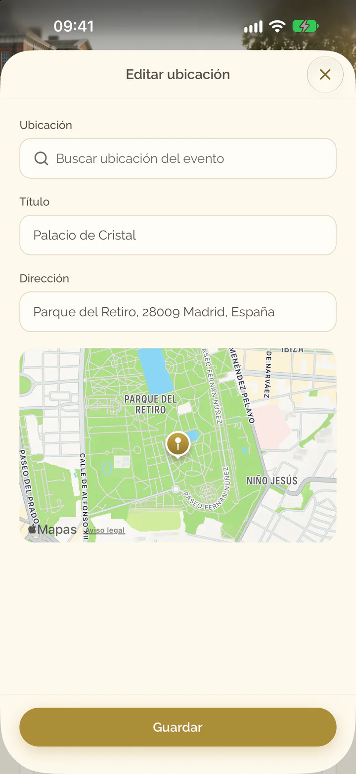 La pantalla Editar ubicación con el campo de búsqueda, el título y la dirección