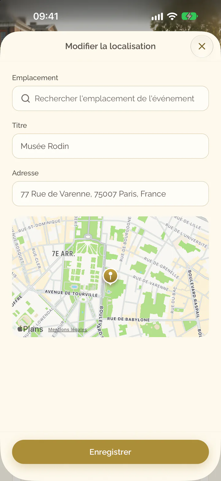 L’écran Modifier la localisation avec le champ de recherche, le titre et l’adresse