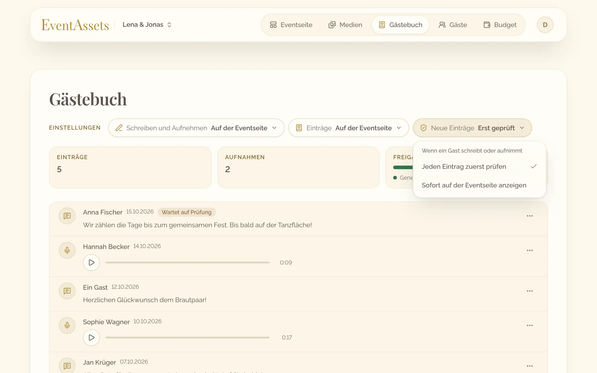 Die Einstellung Neue Einträge im Tab Gästebuch, geöffnet mit ihren zwei Möglichkeiten