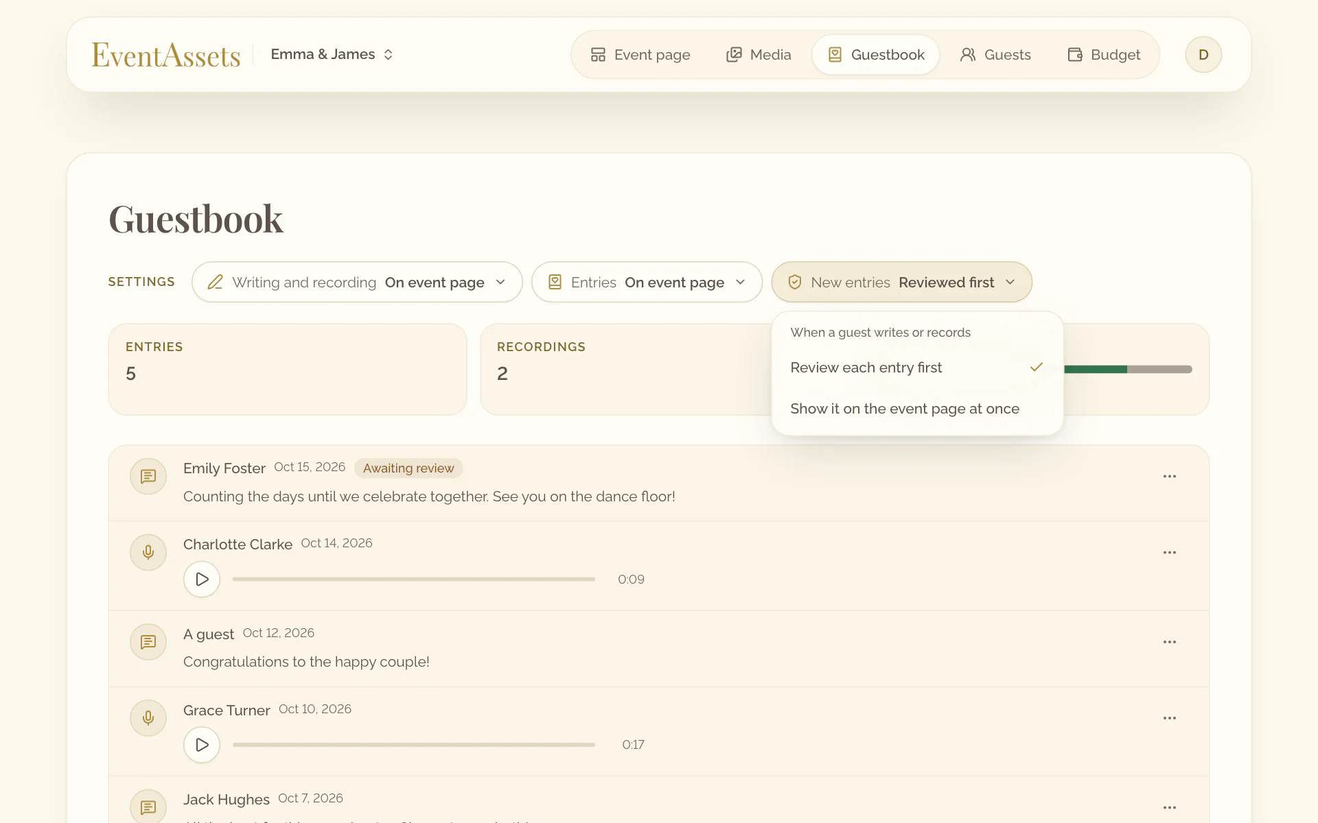 The setting New entries of the Guestbook tab, open with its two choices