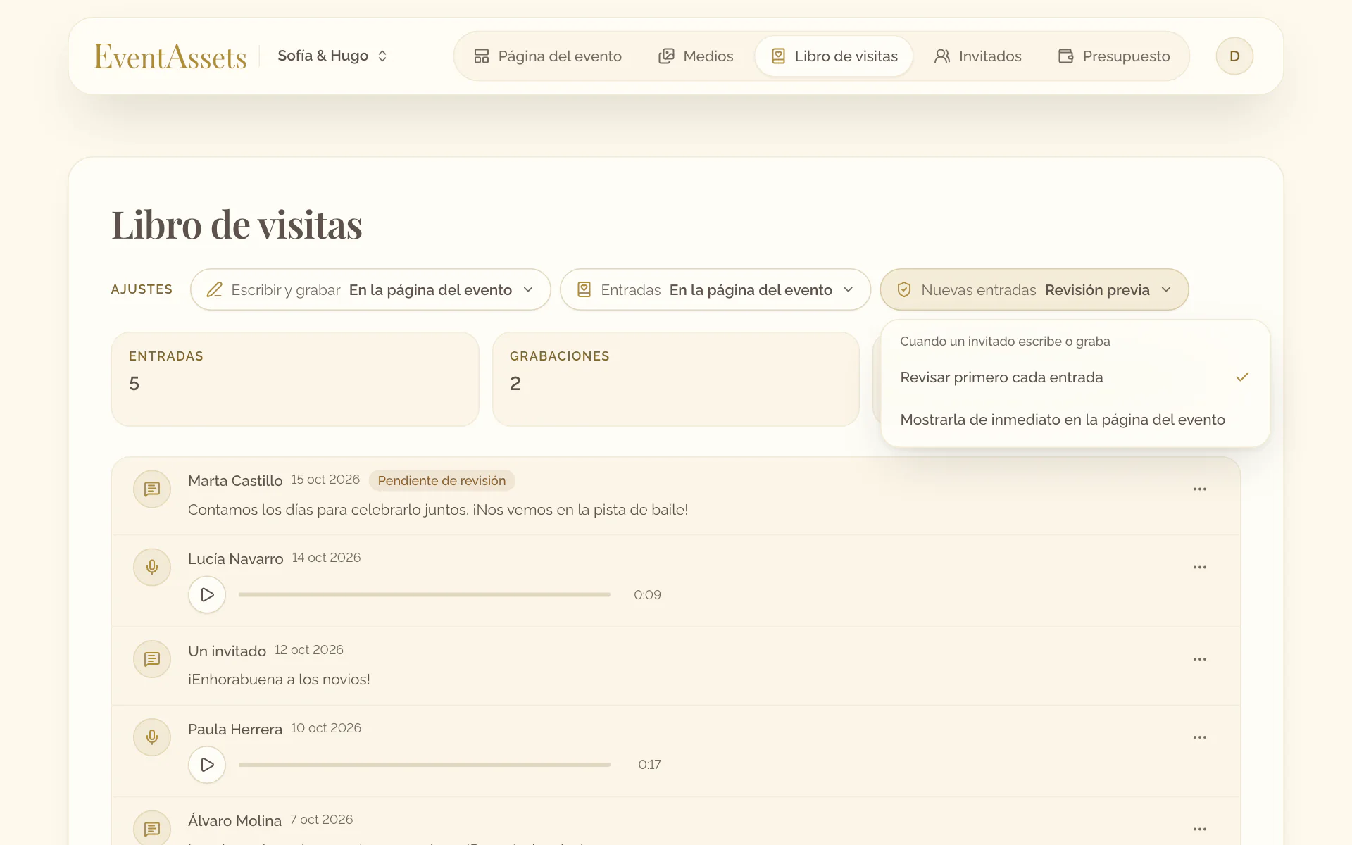 El ajuste Nuevas entradas de la pestaña Libro de visitas, abierto con sus dos opciones