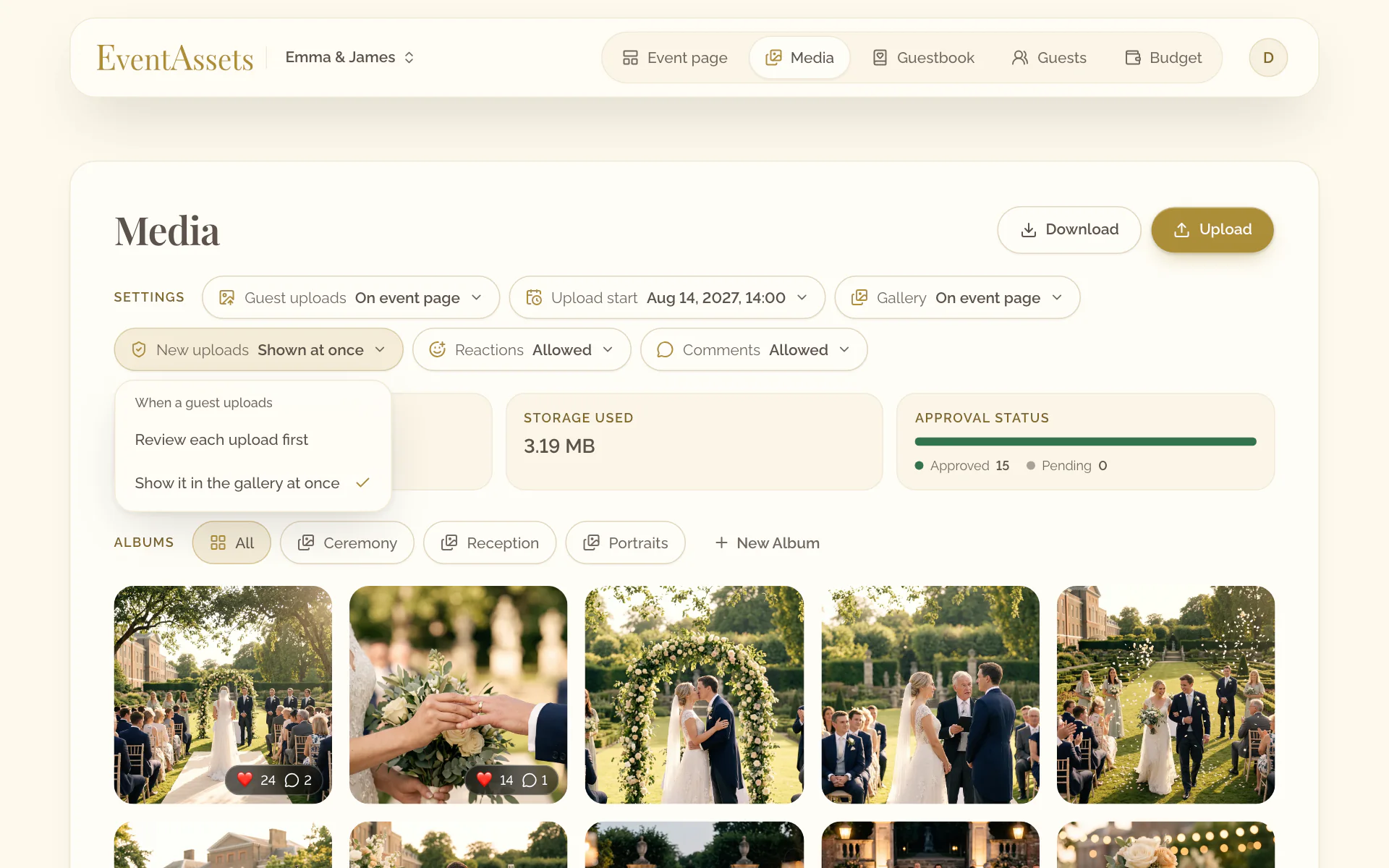 The setting New uploads of the Media tab, open with its two choices