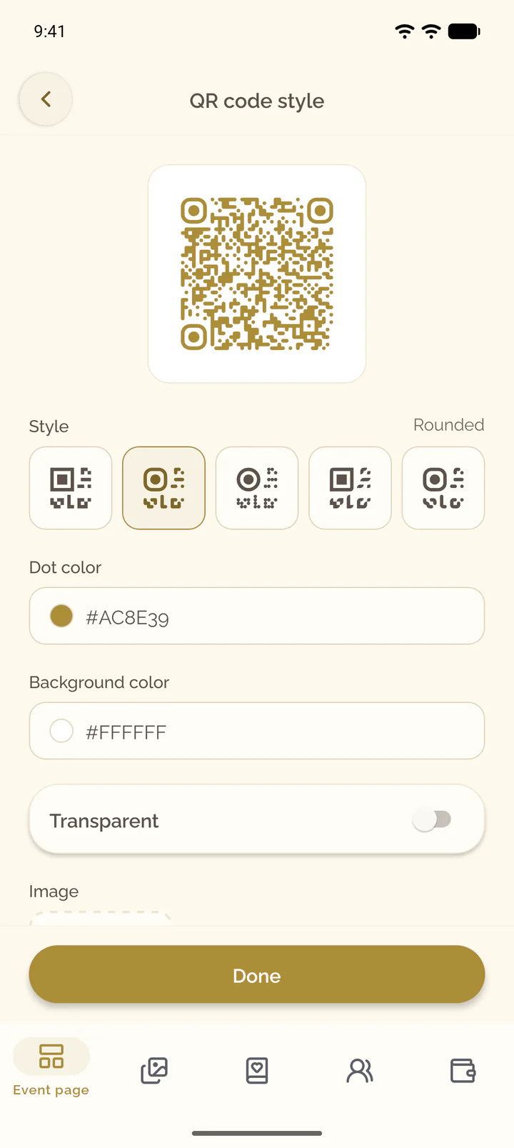 The style of the QR code in the app with the code, the styles and the colors