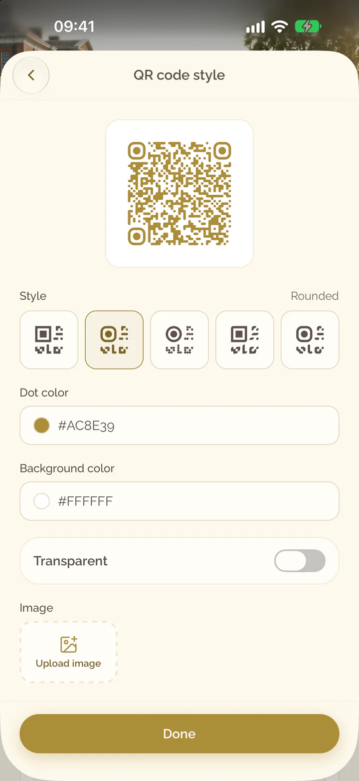 The style of the QR code in the app with the code, the styles and the colors