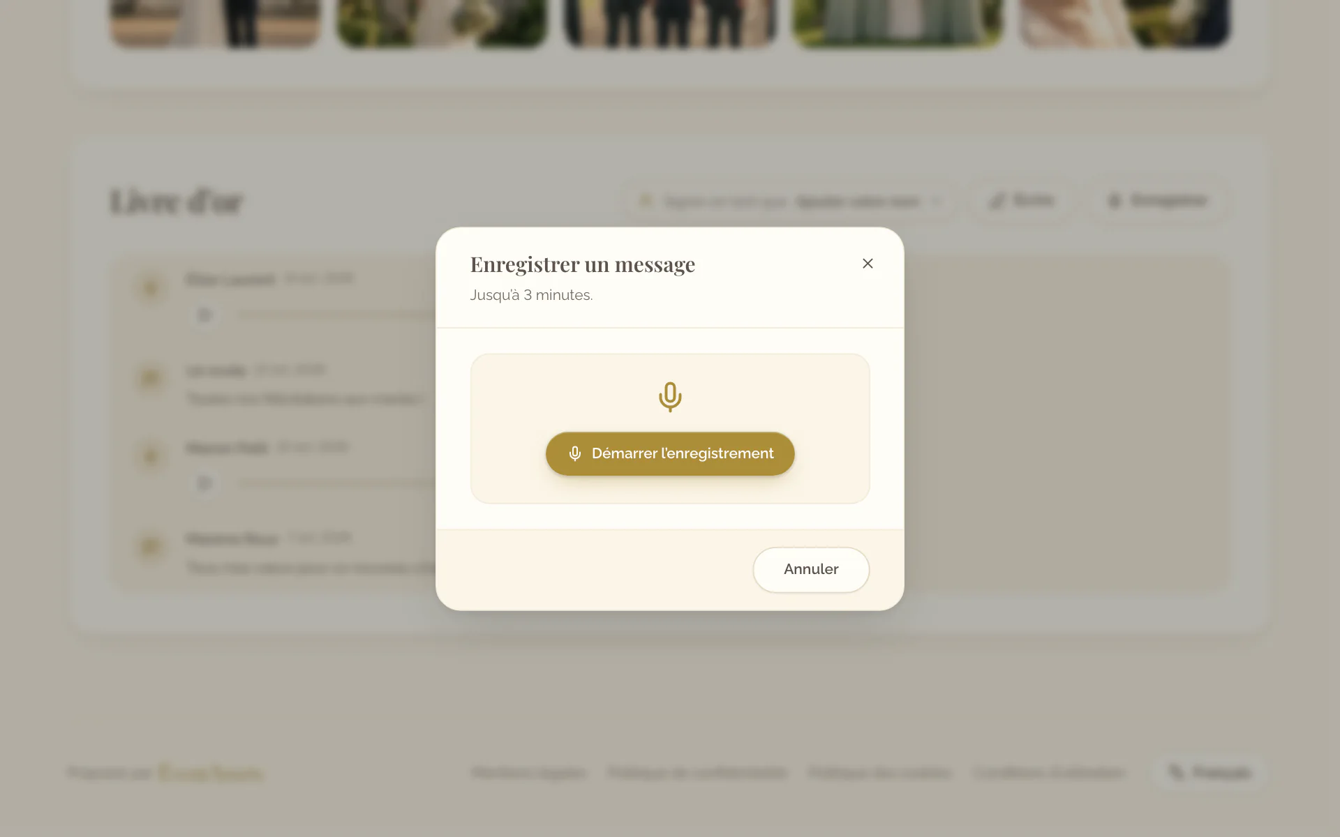 La fenêtre Enregistrer un message avec le bouton qui démarre l’enregistrement