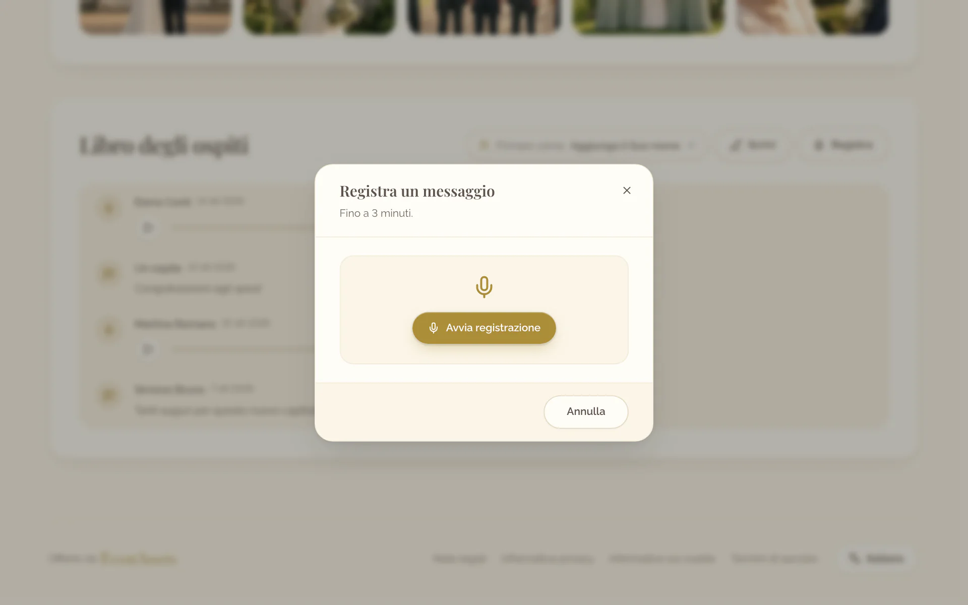 La finestra Registra un messaggio con il pulsante che avvia la registrazione