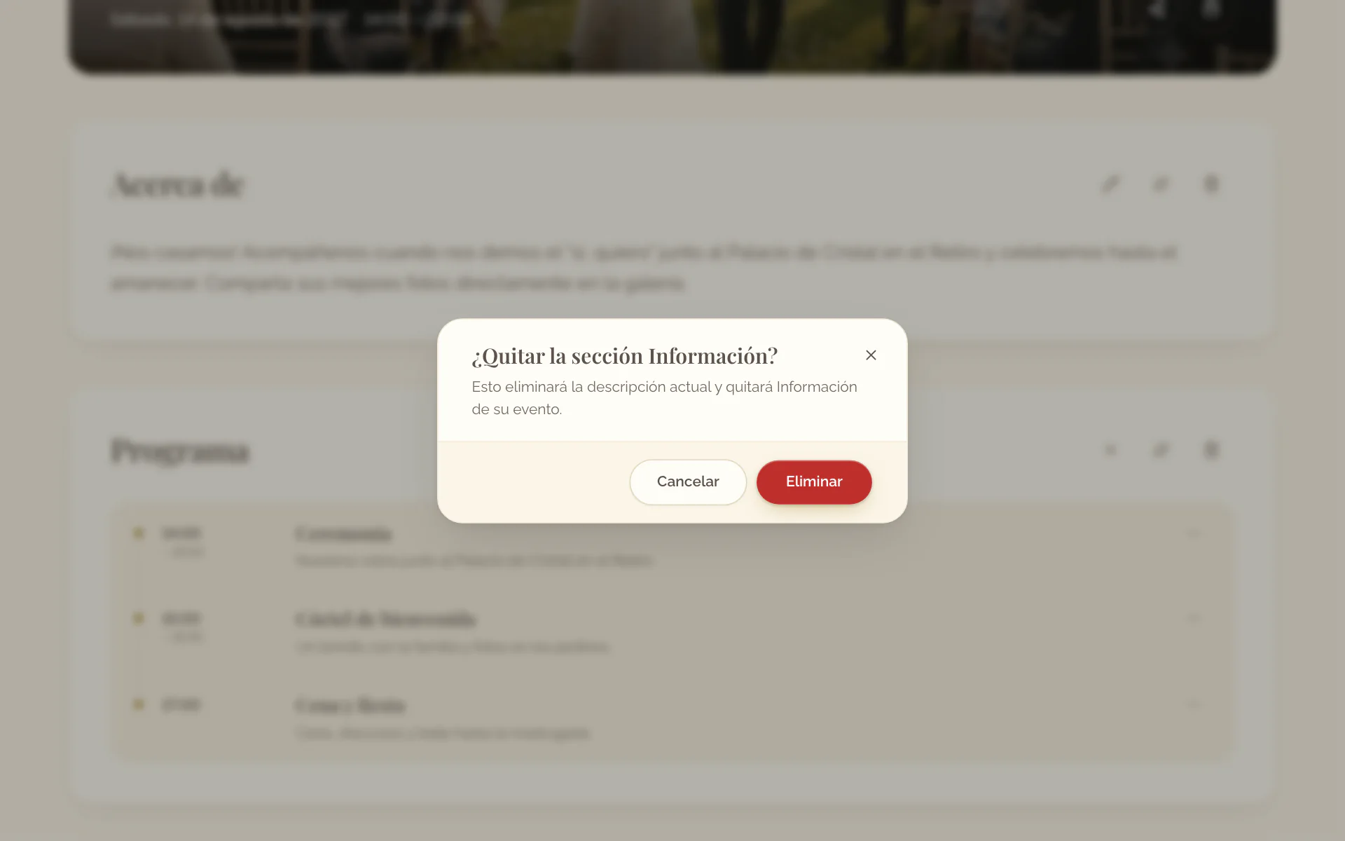 El cuadro que pregunta si se quita la sección Acerca de con su descripción