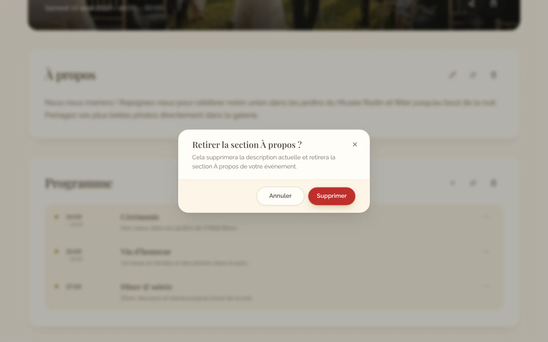 La fenêtre qui demande si la section À propos doit être retirée avec sa description
