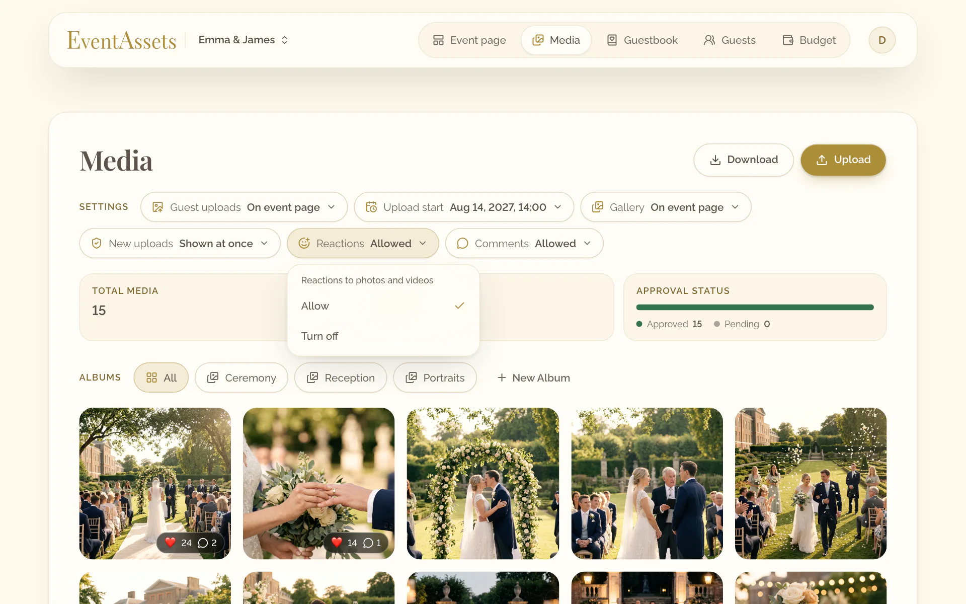The setting Reactions of the Media tab, open with its two choices