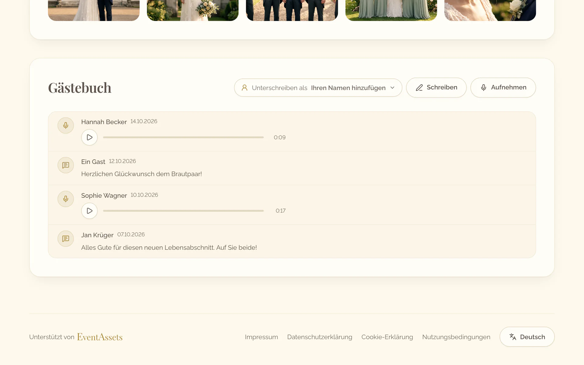 Der Bereich Gästebuch auf der Eventseite mit Unterschreiben als, Schreiben und Aufnehmen über den Einträgen